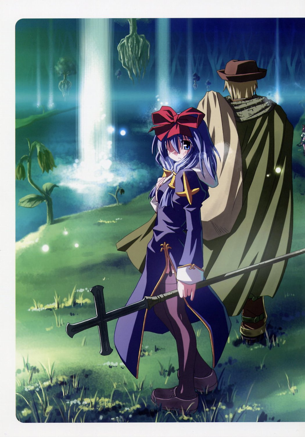 yuuki tatsuya, ragnarok online, habit, highres, 1boy, 1girl, back, black thighhighs, blonde hair, blue hair, blush, bow, cloak, cross, floating, full body, garter belt, glowing, grass, hair bow, hair over one eye, hat, holding, latin cross, long hair, looking back, nature, plant, puffy sleeves, sack, short hair, sidelocks, sparkle, staff, standing, thighhighs, tree, walking, water, waterfall