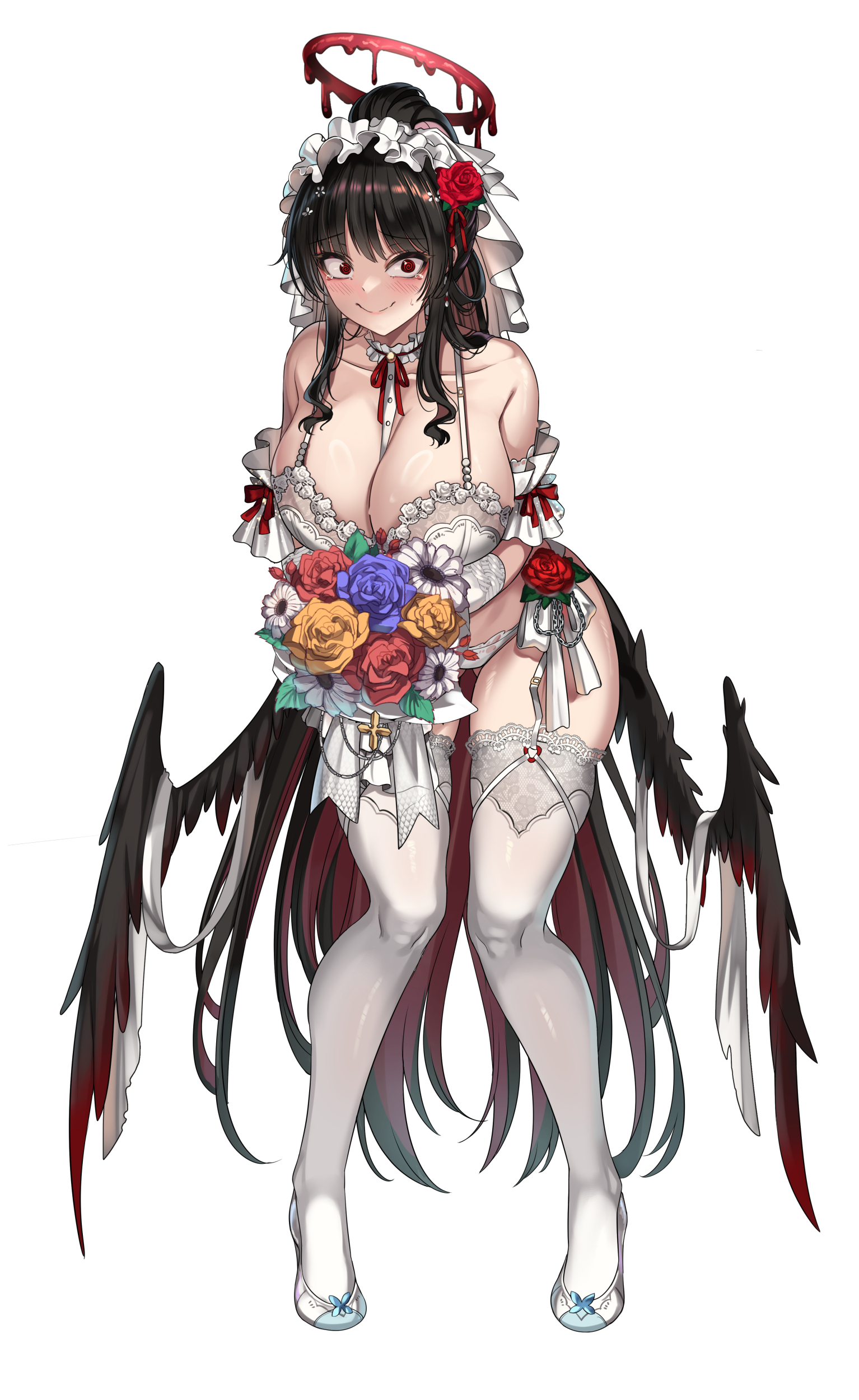 cenangam, tsurugi (blue archive), blue archive, absurdres, commentary, duplicate, highres, 1girl, alternate costume, bare shoulders, black hair, black wings, bouquet, breasts, choker, closed mouth, collarbone, flower, full body, halo, holding, holding bouquet, large breasts, long hair, low wings, panties, red eyes, red halo, simple background, smile, solo, standing, tearing up, thighhighs, thighs, underwear, white background, white panties, white thighhighs, wings