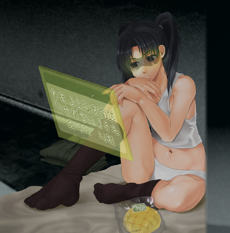 bon, bon (rump), amasawa yuuko, dennou coil, visor, lowres, 00s, 1girl, black socks, bored, bread, female focus, food, hologram, holographic interface, melon bread, panties, socks, solo, sunglasses, tank top, underwear, underwear only