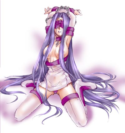 medusa (fate), medusa (rider) (fate), fate/stay night, fate (series), lowres, 00s, 1girl, bdsm, blindfold, bondage, boots, bound, breasts, detached sleeves, female focus, large breasts, long hair, purple hair, slave, solo, thigh boots, thighhighs, very long hair