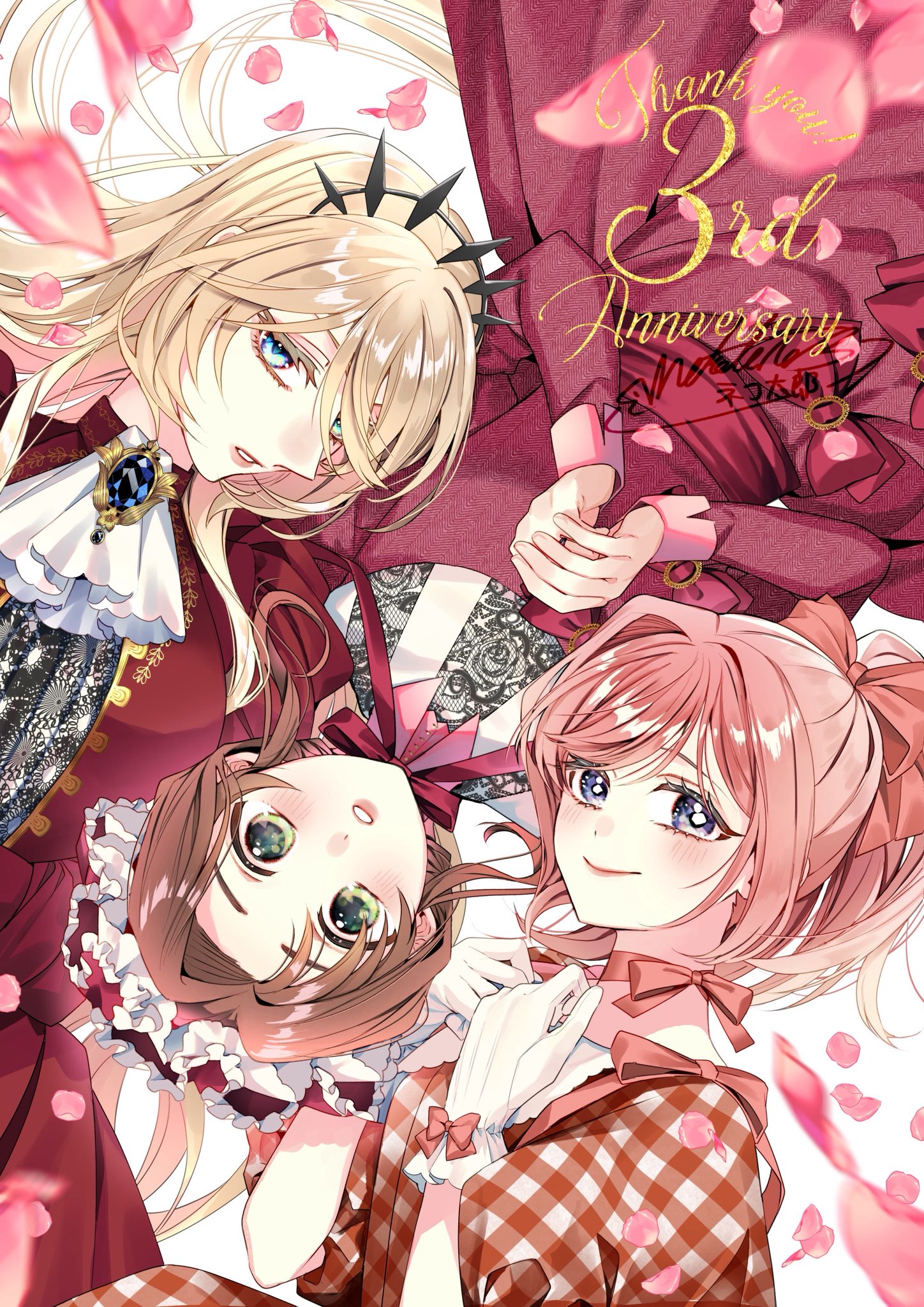 shinonome neko-tarou, diana (akutsuka), lapis tenebrae, natori midori, genkai ol-san wa akuyaku reijou-sama ni tsukaetai, highres, second-party source, 3girls, black gemstone, blonde hair, blue eyes, blush, breasts, brown hair, collarbone, dress, gem, green eyes, hair ornament, jewelry, long hair, looking at viewer, multiple girls, pink hair, ribbon, signature, staring, tiara, yuri