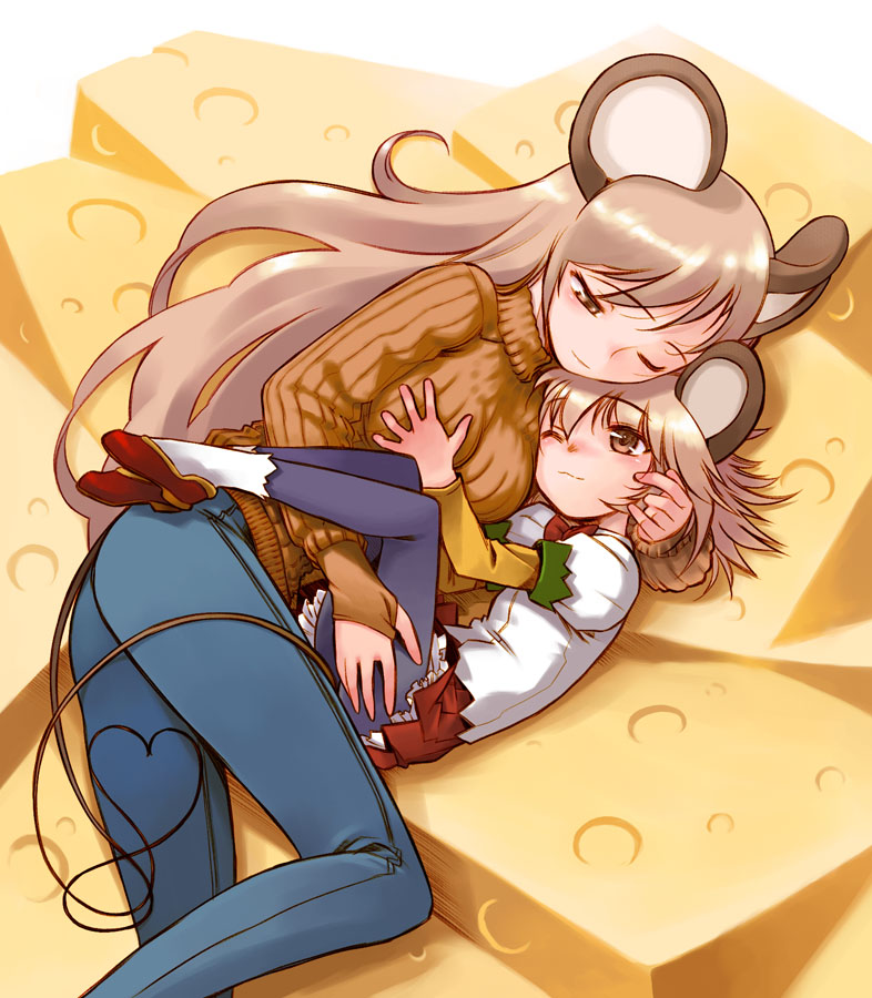 nakamura tetsuya, bad id, bad pixiv id, 2girls, age difference, animal ears, breasts, brown eyes, cheese, denim, food, grabbing another's breast, groping, hug, jeans, lying, medium breasts, mother and daughter, mouse ears, multiple girls, on side, one eye closed, orange shirt, pants, pantyhose, ribbed sweater, shirt, sweater, tail, turtleneck, wink