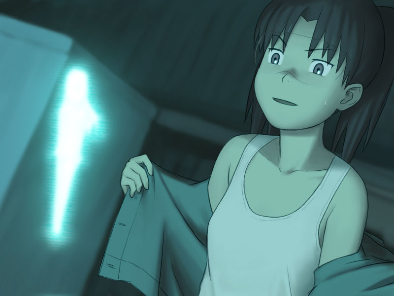 amasawa yuuko, michiko, michiko (dennou coil), dennou coil, 00s, 1girl, :d, aqua theme, blush, brown eyes, brown hair, collarbone, glasses, indoors, monochrome, open mouth, parted bangs, parted lips, smile, tank top, twintails, underwear, undressing, upper body