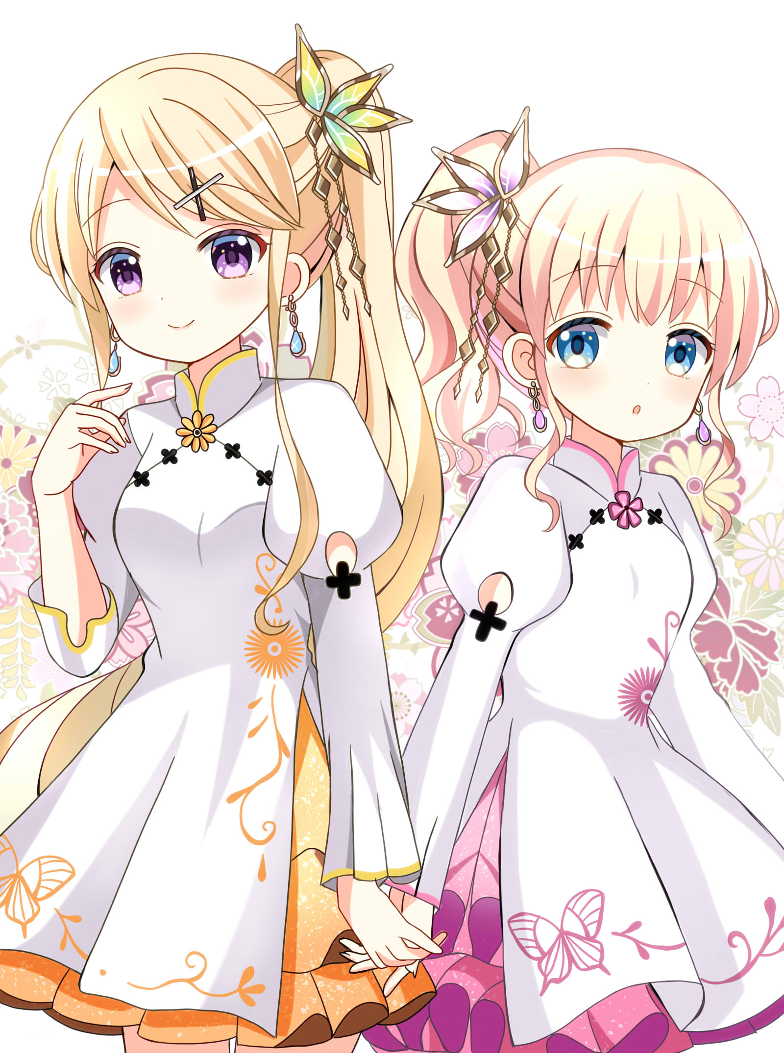 ryoutan, alice cartelet, kujou karen, kin-iro mosaic, highres, 2girls, ao dai, blonde hair, blue eyes, blush, closed mouth, floral background, frilled skirt, frills, grey eyes, hair ornament, holding hands, long hair, multiple girls, pink skirt, short hair, skirt, smile, x hair ornament