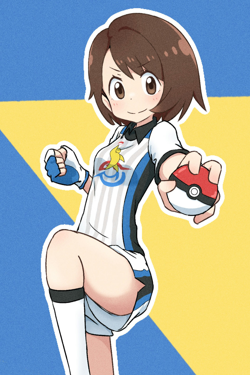 sagami sagari, gloria (pokemon), nintendo, pokemon, pokemon swsh, commentary request, highres, 1girl, brown eyes, brown hair, clenched hand, closed mouth, collared shirt, fingerless gloves, gloves, gym challenge uniform, holding, holding poke ball, leg up, looking at viewer, medium hair, outline, poke ball, poke ball (basic), print shirt, shirt, shorts, single glove, smile, socks, solo, split mouth, white socks