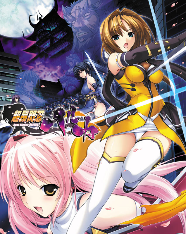 onigirikun, hagane ittou, kikyou dayuu, kurogane akira, mukuroi ensai, shihoudou narika, subaru (choukou sennin haruka), takamori haruka, alice soft, choukou (alicesoft), choukou sennin haruka, game cg, 00s, 5girls, 6+boys, blue hair, breasts, brown hair, cover, covered erect nipples, elbow gloves, fishnets, gloves, long hair, moon, multiple boys, multiple girls, night, ninja, open mouth, panties, petals, pink hair, ponytail, short hair, sword, thighhighs, twintails, underwear, weapon, white panties, white thighhighs, yellow eyes, zettai ryouiki