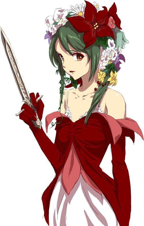 kawamura rukanan, detached sleeves, dress, elbow gloves, flower, gloves, gown, green hair, kawamura rakunan, knife, red eyes, simple background, solo