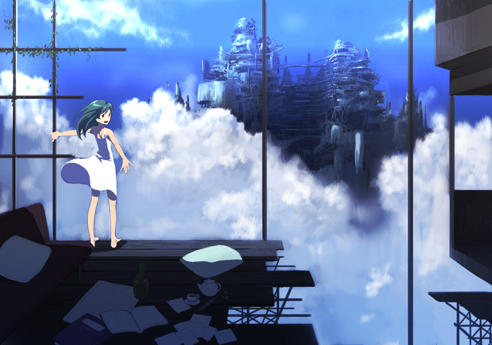 kawamura rukanan, bad id, bad pixiv id, 1girl, bare shoulders, book, cactus, city, cityscape, cloud, couch, cup, day, dress, female focus, green hair, kawamura rakunan, looking at viewer, looking back, outstretched arms, paper, pillow, quill, ruins, scenery, sky, smile, solo, spread arms, sundress, teacup, teapot