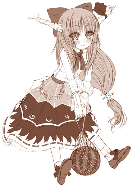 ibuki suika, touhou, 1girl, female focus, food, fruit, horns, long hair, low-tied long hair, monochrome, name connection, net, object namesake, solo, watermelon