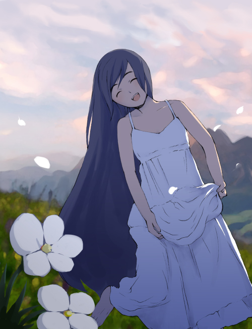 morifumi, original, bad id, bad pixiv id, dress, flower, happy, head tilt, long hair, mountain, scenery, skirt basket, sky, solo, sundress, very long hair