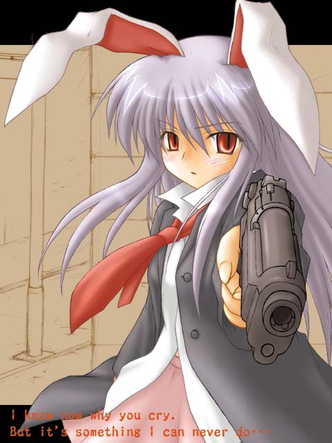 kotowari (newtype kenkyuujo), reisen udongein inaba, touhou, 1girl, aiming, aiming at viewer, animal ears, female focus, gun, handgun, holding, holding gun, holding weapon, necktie, pistol, purple hair, rabbit ears, red eyes, red necktie, solo, weapon