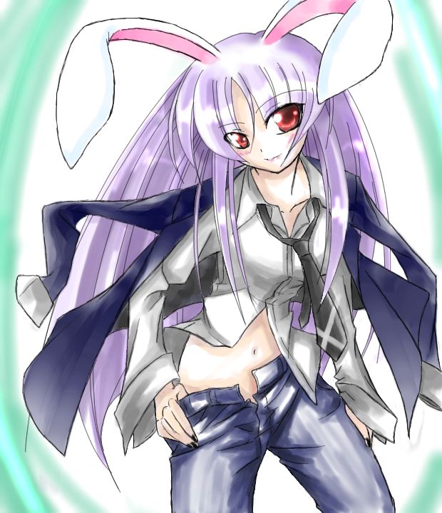 reisen udongein inaba, touhou, 1girl, animal ears, black necktie, denim, female focus, jeans, long hair, midriff, nail (hardware), navel, necktie, pants, purple hair, rabbit ears, red eyes, solo