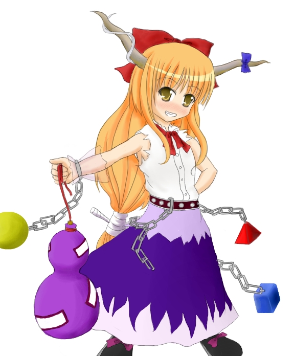 ibuki suika, touhou, 1girl, :d, ball, belt, blonde hair, bottle, bow, bowtie, buckle, buttons, chain, cube, female focus, full body, gourd, green eyes, grin, hair bow, hand on own hip, horns, long hair, looking at viewer, open mouth, orange hair, outstretched arm, red bow, red bowtie, see-through clothes, shoes, sidelocks, smile, solo, teeth, triangle, very long hair, wrist cuffs