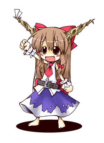 mogito, ibuki suika, touhou, lowres, 1girl, chibi, female focus, full body, horns, simple background, skirt, solo, white background