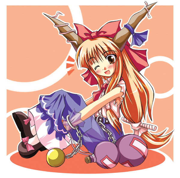 ibuki suika, touhou, white legwear, 1girl, ball and chain restraint, chain, female focus, gourd, horns, long hair, low-tied long hair, one eye closed, orange eyes, orange hair, solo, wink