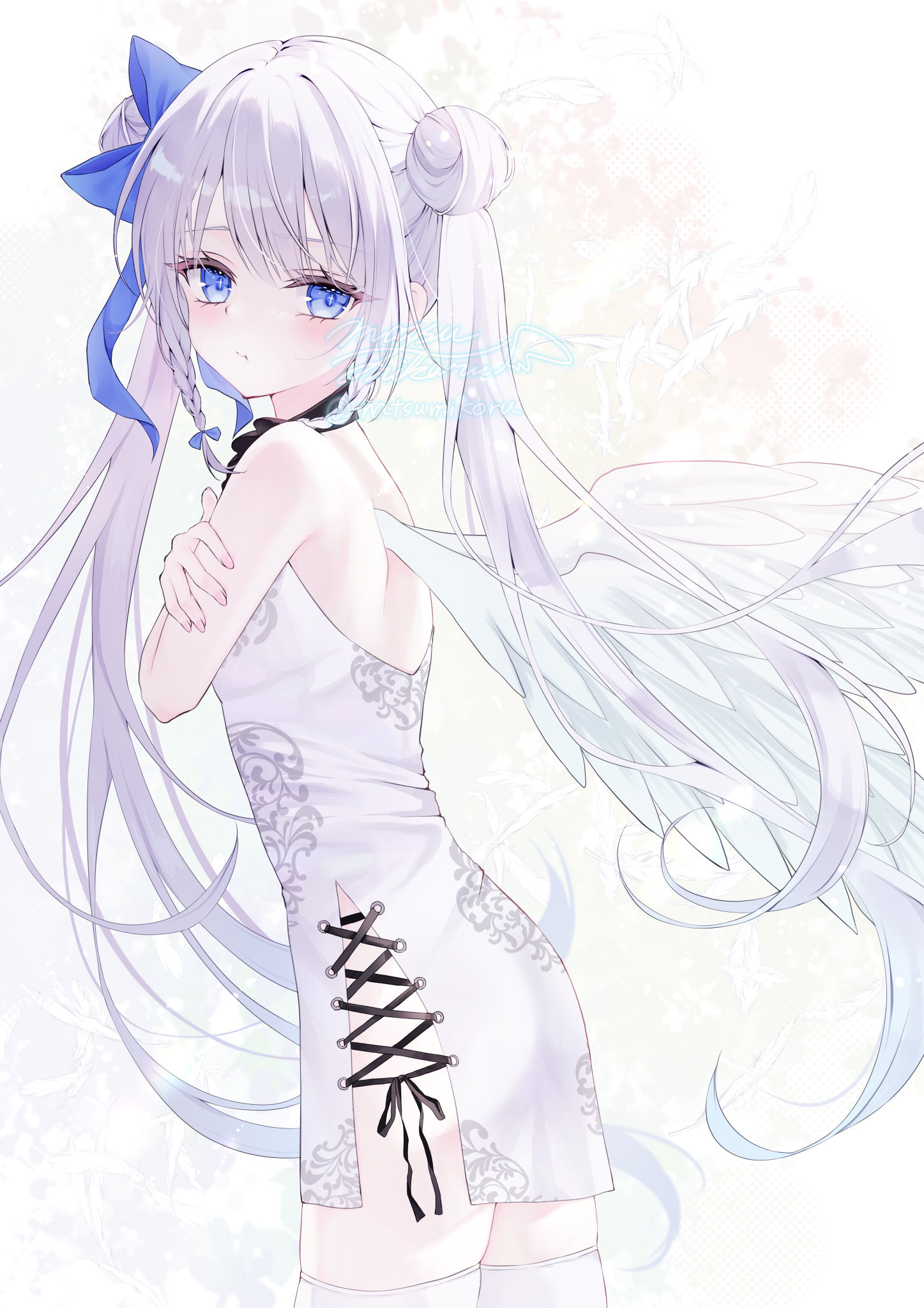 murur (matsumikoru), original, highres, 1girl, angel, bloom, china dress, chinese clothes, dango, double bun, dress, food, hair bun, looking at viewer, looking back, short dress, single hair bun, thighhighs, twintails, wagashi