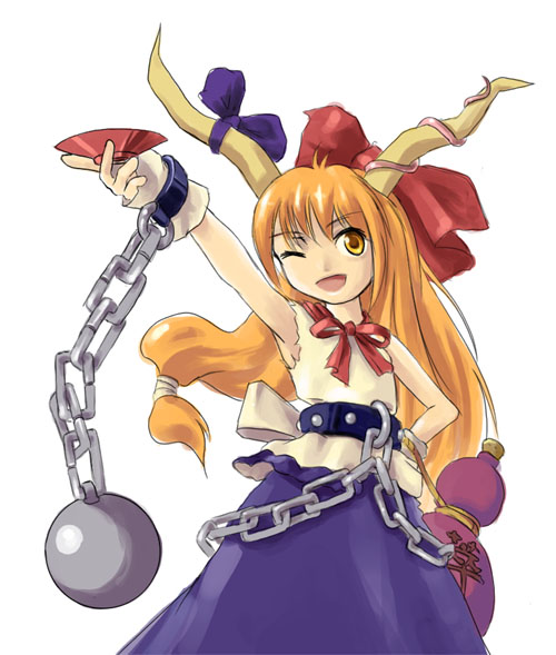 ibuki suika, touhou, 1girl, chain, female focus, gourd, horns, one eye closed, orange hair, simple background, skirt, solo, white background, wink, yellow eyes