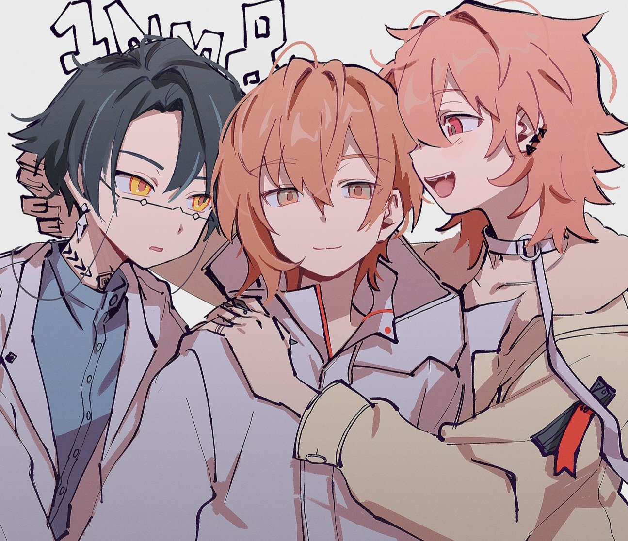 ivib, miyama kei, rokuta (paradox live), 1nm8 (paradox live), paradox live, fluffy hair, 3boys, black hair, blue shirt, blush, body markings, buttoned cuffs, buttons, choker, closed mouth, coat, collar, collared shirt, ear piercing, earrings, english text, fang, fur trim, glasses, hair between eyes, hair intakes, hand on another's head, hand on another's shoulder, hood, hoodie, itsuki (paradox live), jacket, jewelry, long sleeves, looking at another, looking at viewer, loose hair strand, male focus, multicolored eyes, multicolored hair, multiple boys, multiple earrings, neck tattoo, open mouth, orange eyes, orange hair, parted bangs, parted lips, piercing, pink hair, red eyes, shirt, short hair, simple background, smile, solid circle pupils, streaked hair, tattoo, very short hair, white background, white choker, white coat, white hoodie, white jacket, yellow eyes