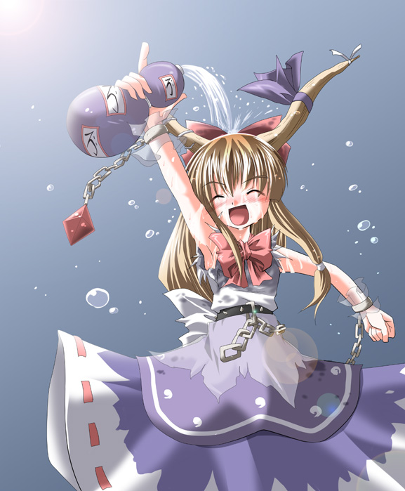 sakaki una, subaru noji, ibuki suika, touhou, 1girl, :d, ^ ^, arm up, armpits, bare shoulders, blue skirt, bottle, bow, bowtie, chain, closed eyes, dripping, female focus, gourd, grey background, hair bow, horns, oni, open mouth, red bow, red bowtie, shirt, simple background, skirt, smile, solo, splashing, standing, white shirt, wrist cuffs