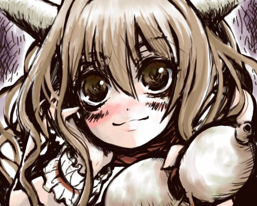 uousa-ou, ibuki suika, touhou, 1girl, blush, close-up, female focus, horns, smile, solo