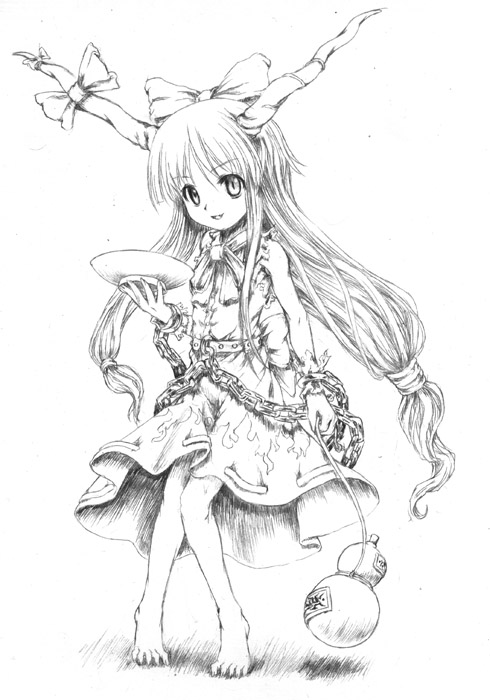 katzeh, ibuki suika, touhou, 1girl, dress, female focus, full body, greyscale, horns, long hair, monochrome, ribbon, solo, very long hair, white background