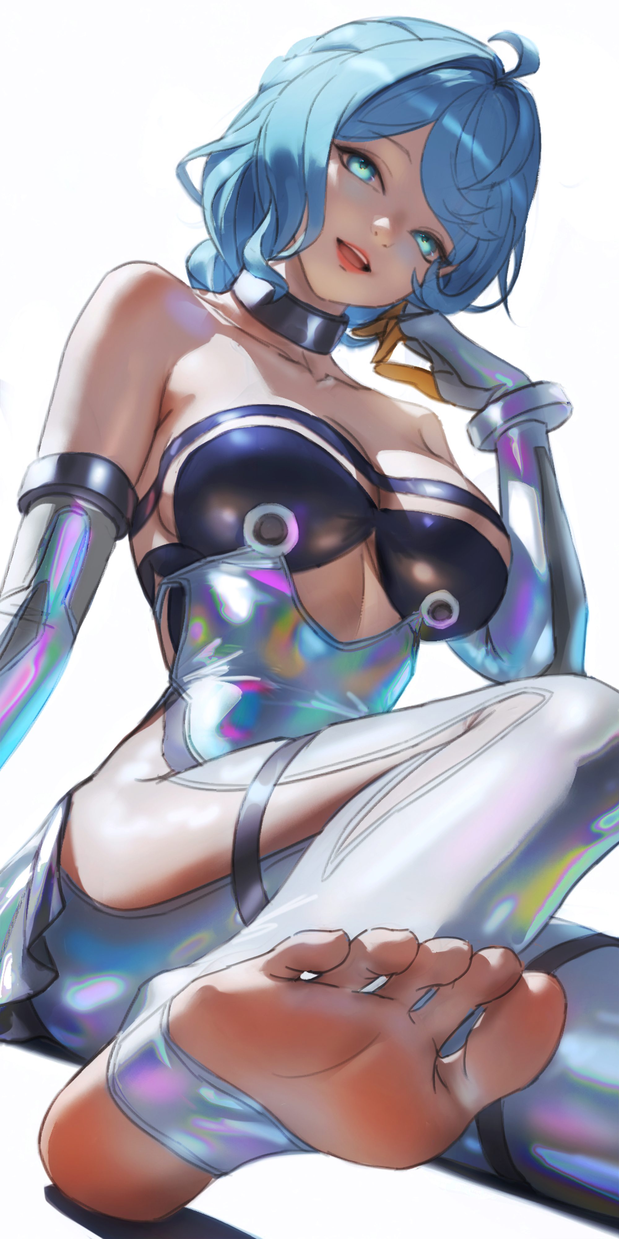 wo jiushi kanbudong, seed (zenless zone zero), zenless zone zero, absurdres, highres, 1girl, barefoot, blue eyes, blue hair, feet, long hair, looking at viewer, open mouth, soles, stirrup legwear, toeless legwear, toes