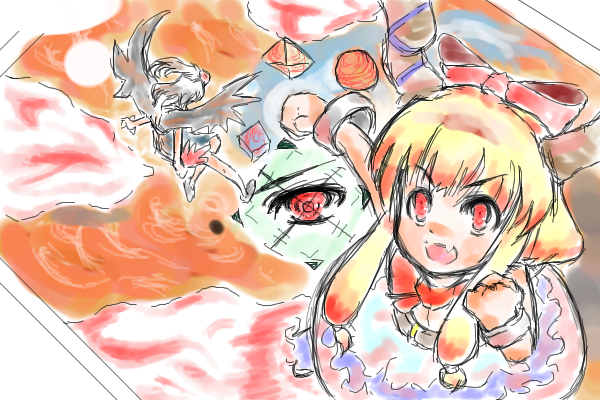 ibuki suika, shameimaru aya, touhou, tagme, 2girls, female focus, horns, multiple girls