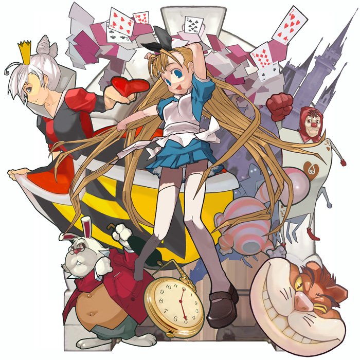 yuuki (irodo rhythm), alice (alice in wonderland), cheshire cat (alice in wonderland), queen of hearts (alice in wonderland), white rabbit (alice in wonderland), alice's adventures in wonderland, bad id, bad pixiv id, 2girls, card, castle, double bun, dress, floating card, hair bun, multiple girls, pocket watch, thighhighs, watch, zettai ryouiki