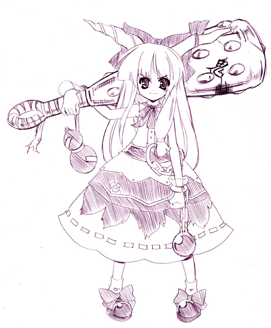 ibuki suika, touhou, 1girl, club, club (weapon), dress, female focus, full body, horns, kanabou, monochrome, solo, weapon, white background