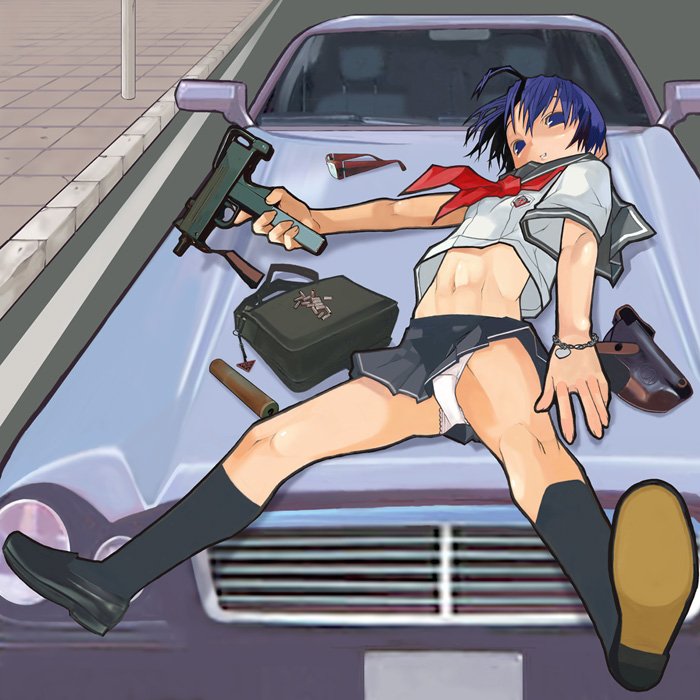 yuuki (irodo rhythm), mercedes-benz, bad id, bad pixiv id, 1girl, black shoes, blue eyes, blue hair, car, female focus, glasses, gun, kneehighs, lying, mac-10/11, matching hair/eyes, mercedes benz, midriff, motor vehicle, on car, panties, pantyshot, school uniform, serafuku, shoes, skirt, socks, solo, submachine gun, underwear, weapon