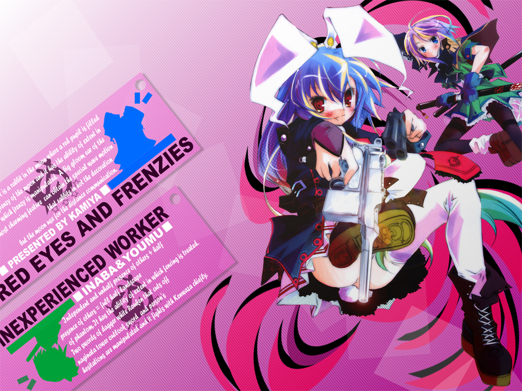 kamiya yuu, pixel phantom, konpaku youmu, reisen udongein inaba, touhou, 2girls, animal ears, blue eyes, blue hair, blush, boots, bridal gauntlets, cape, english text, engrish text, female focus, gun, handgun, katana, mauser c96, multiple girls, no panties, pantyhose, pistol, purple hair, rabbit ears, rabbit girl, rabbit tail, ranguage, red eyes, skirt, sword, tail, text focus, thighhighs, weapon