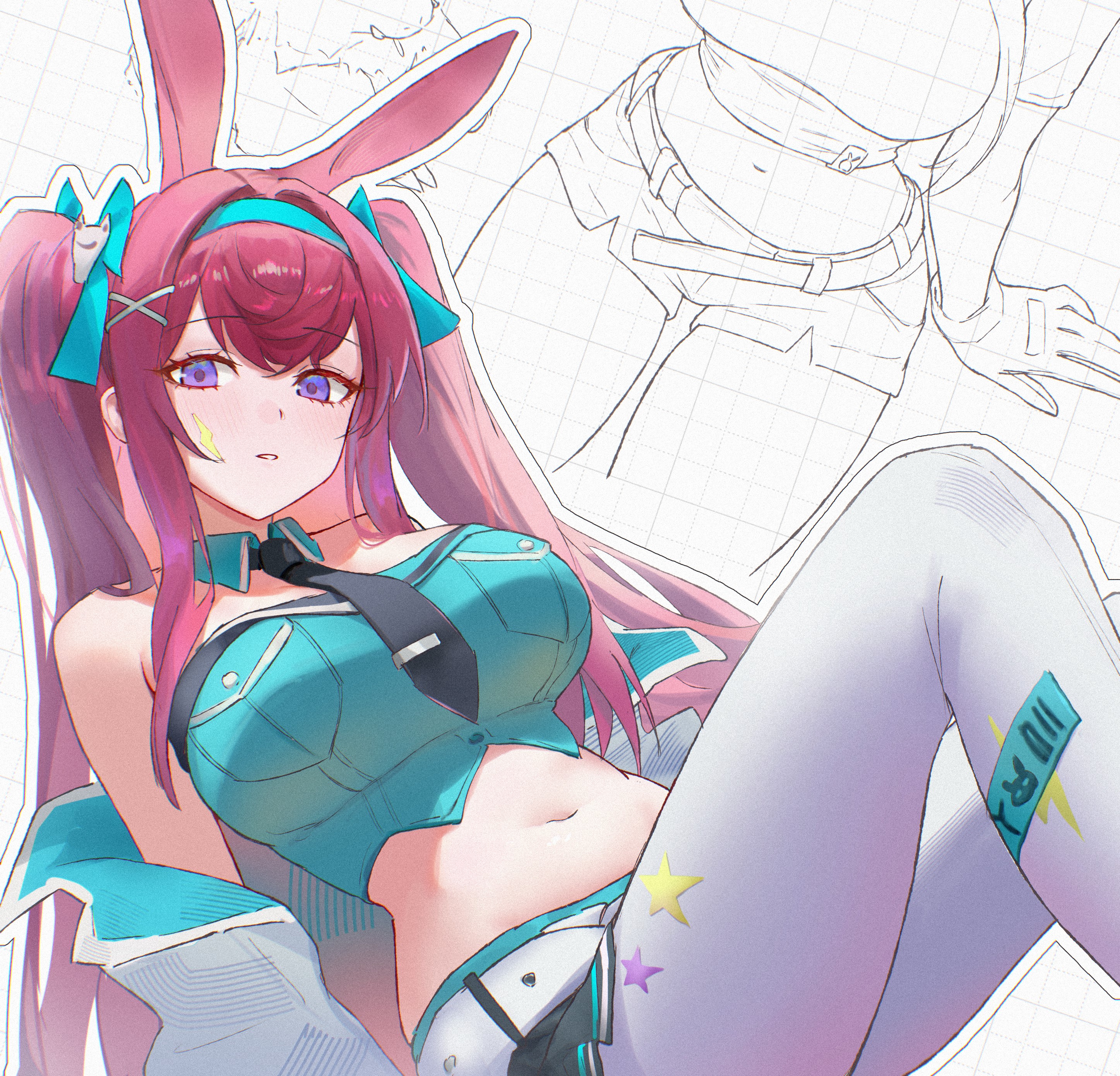 uof, ray (arknights), ray (dreaming high) (arknights), arknights, absurdres, highres, 1girl, animal ears, aqua collar, aqua hairband, aqua shirt, belt, black necktie, black skirt, blue hairband, breasts, collar, detached collar, expressionless, hair ribbon, hairband, jacket, large breasts, leggings, light blush, lightning bolt facial mark, long hair, looking at viewer, midriff, miniskirt, navel, necktie, off shoulder, official alternate costume, open clothes, open jacket, outline, parted lips, purple eyes, purple hair, rabbit ears, ribbon, shirt, skirt, solo, strapless, tie clip, twintails, white belt, white jacket, white leggings