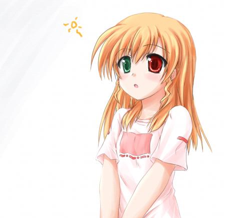 vivio, lyrical nanoha, mahou shoujo lyrical nanoha, mahou shoujo lyrical nanoha strikers, lowres, 00s, blonde hair, heterochromia, shirt, solo, t-shirt