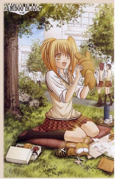 igarashi aguri, chiba kirino, bamboo blade, 00s, outdoors, school uniform, serafuku, sleeves rolled up, solo, stuffed animal, stuffed toy