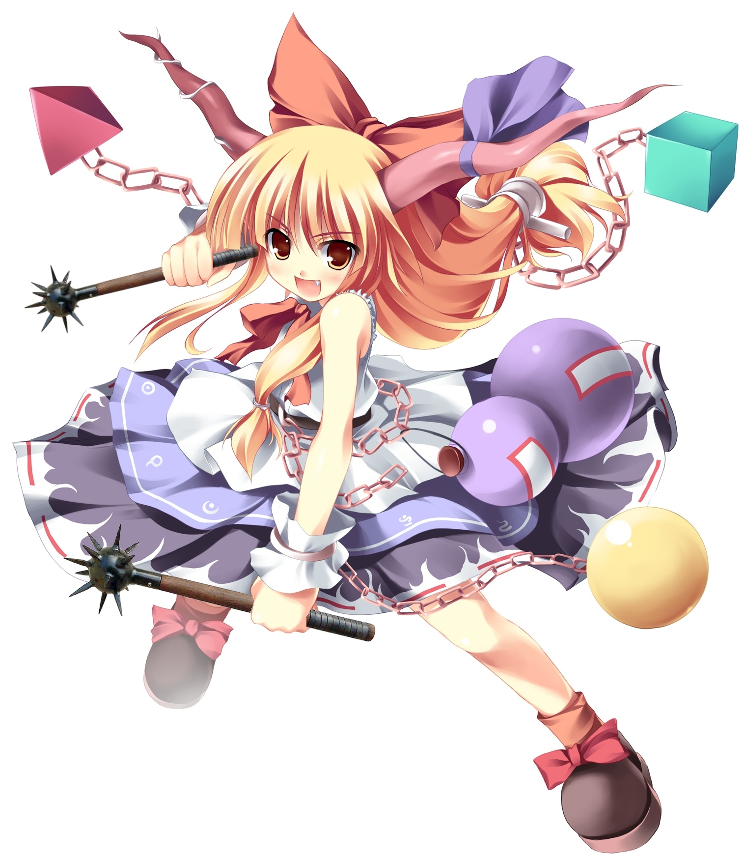 tateha (marvelous grace), ibuki suika, touhou, highres, >:d, 1girl, :d, ball, bare shoulders, black shoes, blunt bangs, bow, brown socks, chain, cube, dress, fang, fangs, female focus, footwear bow, gourd, hair bow, horn ornament, horn ribbon, horns, long hair, looking at viewer, low-tied long hair, mace, neck ribbon, open mouth, orange eyes, orange hair, purple ribbon, pyramid (structure), red bow, red ribbon, ribbon, shirt, shoes, simple background, skirt, skirt set, sleeveless, sleeveless shirt, smile, socks, solo, v-shaped eyebrows, weapon, white background, wrist cuffs, yellow eyes