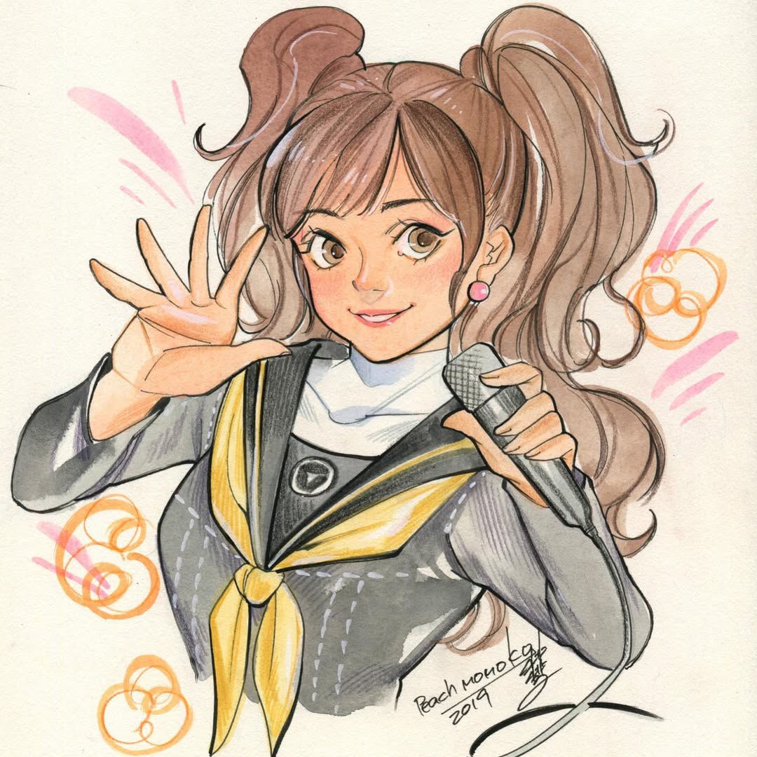 peach momoko, kujikawa rise, persona, persona 4, painting (medium), traditional media, watercolor (medium), 1girl, black serafuku, brown eyes, brown hair, earrings, jewelry, long hair, long sleeves, microphone, neckerchief, school uniform, serafuku, solo, stud earrings, twintails, waving, yasogami school uniform, yellow neckerchief