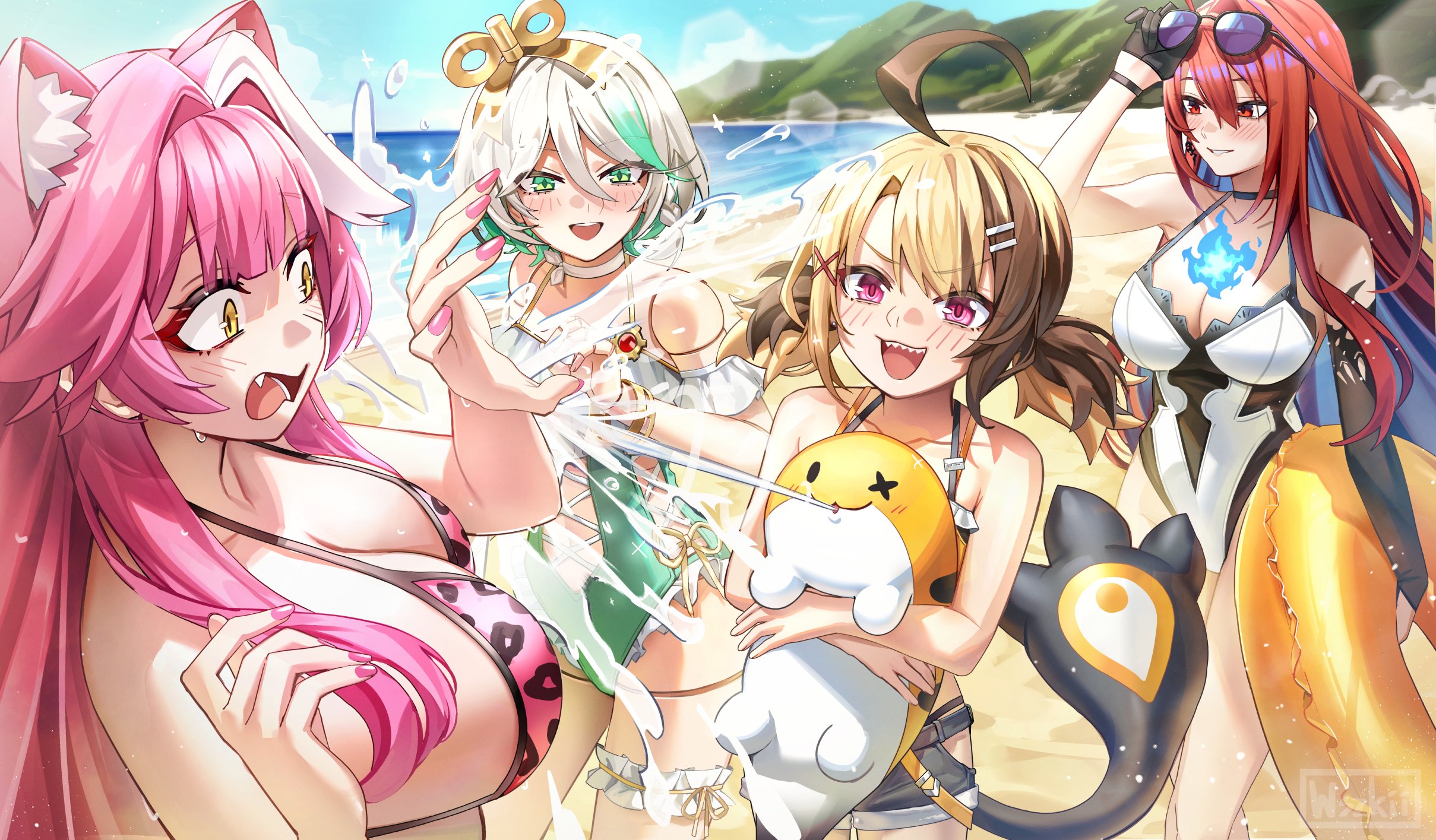 wszkii, cecilia immergreen, cecilia immergreen (holonatsu paradise), elizabeth rose bloodflame, gigi murin, gigi murin (holonatsu paradise), grem (gigi murin), raora panthera, raora panthera (holonatsu paradise), holojustice, hololive, hololive english, holonatsu paradise, commentary, english commentary, highres, 4girls, :d, adjusting eyewear, ahoge, alternate costume, animal ears, beach, bikini, bikini under shorts, black gloves, blue fire, blue hair, blue sky, braid, breasts, brown hair, casual one-piece swimsuit, center-flap bangs, closed mouth, colored inner hair, day, denim, denim shorts, doll, doll joints, double-parted bangs, extra ears, eyewear on head, fang, fire, fire on chest, frilled one-piece swimsuit, frills, gloves, green eyes, green hair, green one-piece swimsuit, grey hair, hair between eyes, hair ornament, hairclip, huge ahoge, joints, large breasts, leopard print bikini, long hair, multicolored hair, multicolored swimsuit, multiple girls, official alternate costume, one-piece swimsuit, open mouth, orange bikini, panther ears, panther tail, parallel hairclips, pink bikini, pink eyes, pink hair, red eyes, red hair, sharp teeth, short hair, short shorts, short twintails, shorts, side braid, sidelocks, single braid, single glove, single sidelock, sky, smile, streaked hair, swimsuit, tail, teeth, twintails, two-tone hair, very long hair, virtual youtuber, wavy mouth, white hair, white one-piece swimsuit, winding key, yellow eyes