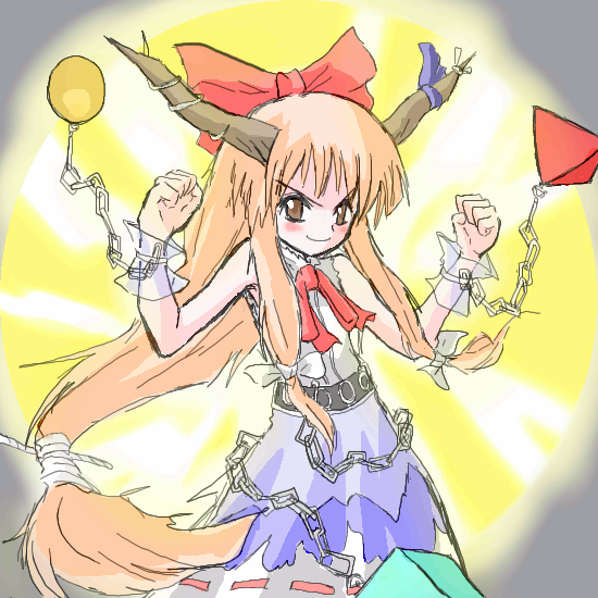 ibuki suika, touhou, 1girl, ball, bare shoulders, blue skirt, bow, bowtie, brown eyes, chain, clenched hands, cuffs, female focus, hair bow, horns, long hair, looking at viewer, low-tied long hair, oni, red bow, red bowtie, serious, shackles, shirt, skirt, solo, standing, white shirt, wrist cuffs