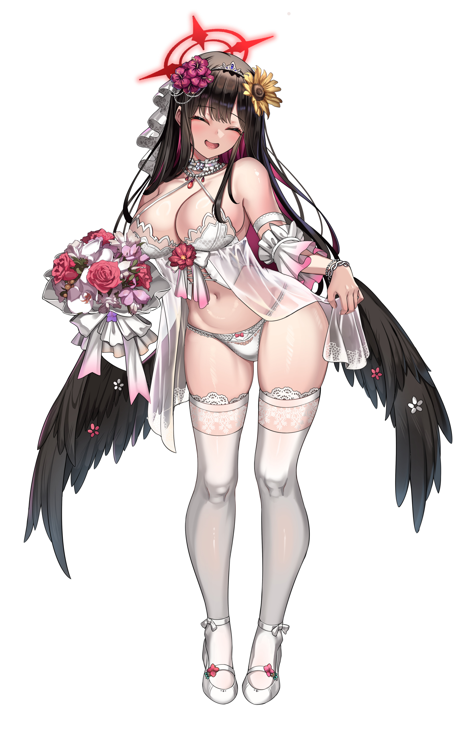 cenangam, ichika (blue archive), blue archive, absurdres, commentary, duplicate, highres, 1girl, alternate costume, bare shoulders, black hair, black wings, blush, bouquet, breasts, choker, flower, full body, hair flower, hair ornament, halo, holding, holding bouquet, large breasts, long hair, low wings, navel, open mouth, panties, red halo, shoes, simple background, smile, solo, standing, thighhighs, thighs, underwear, white background, white choker, white panties, white shoes, white thighhighs, wings