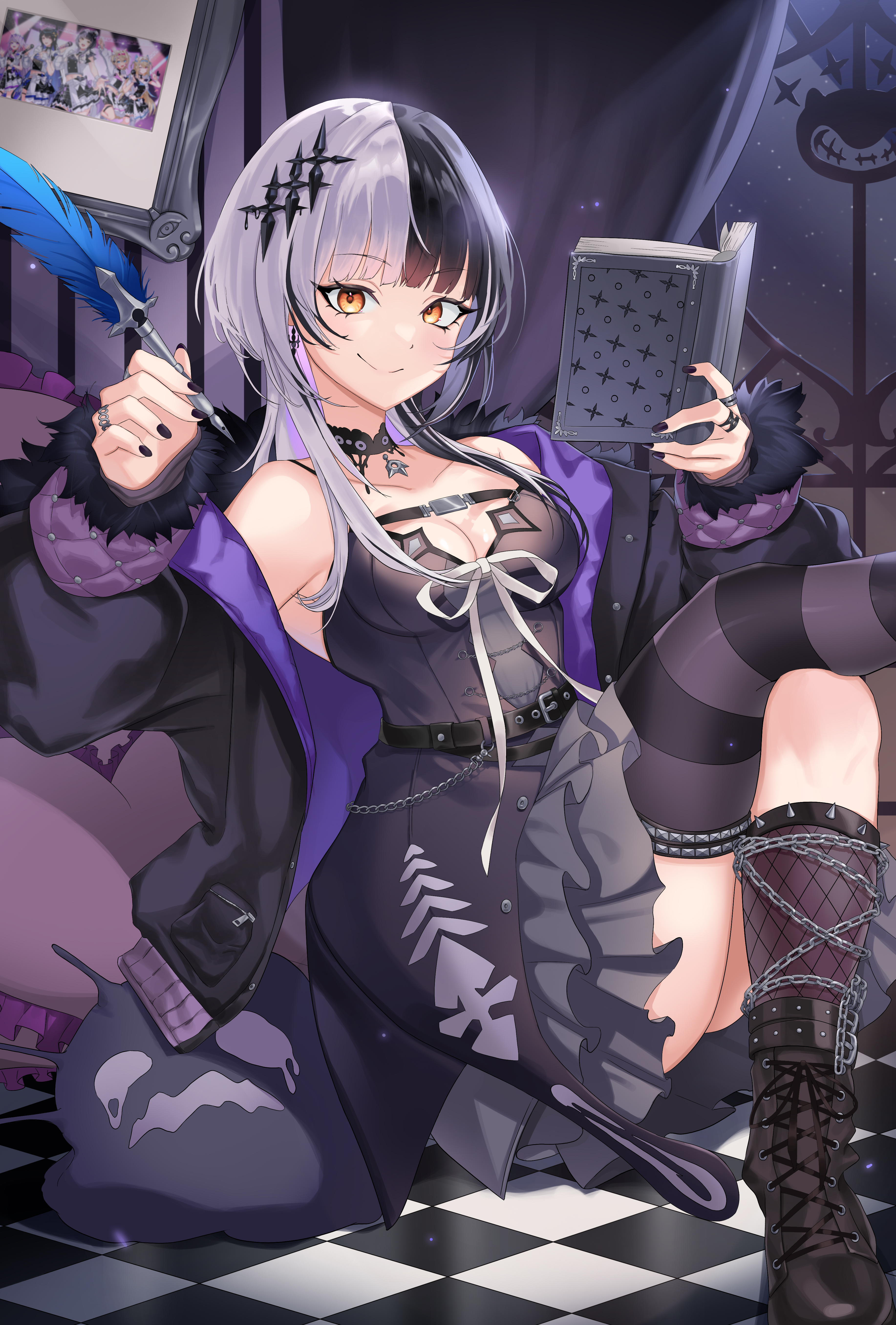 matryo8, shiori novella, shiori novella (1st costume), yorick (shiori novella), hololive, hololive english, absurdres, highres, 1girl, black boots, black coat, black dress, black hair, black nails, black thighhighs, book, boots, breasts, chain, checkered floor, cleavage, closed mouth, coat, dress, grey hair, holding, holding book, holding quill, indoors, jewelry, long hair, looking at viewer, medium breasts, multicolored hair, on floor, poster (object), quill, ribbon, ring, single thighhigh, sitting, smile, solo, split-color hair, striped clothes, striped thighhighs, thighhighs, two-tone hair, virtual youtuber, white ribbon, window, yellow eyes