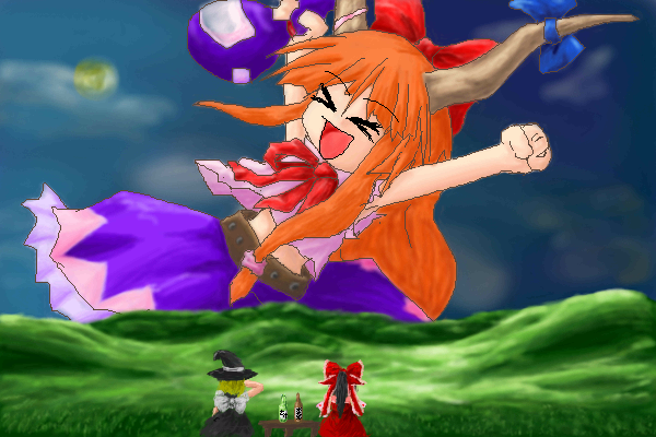 hakurei reimu, ibuki suika, kirisame marisa, touhou, > <, 3girls, alcohol, blonde hair, blouse, closed eyes, cloud, female focus, giant, giantess, gourd, horns, moon, multiple girls, night, oekaki, purple shirt, sake, shirt, sleeveless, sleeveless shirt, table, torn clothes, torn sleeves