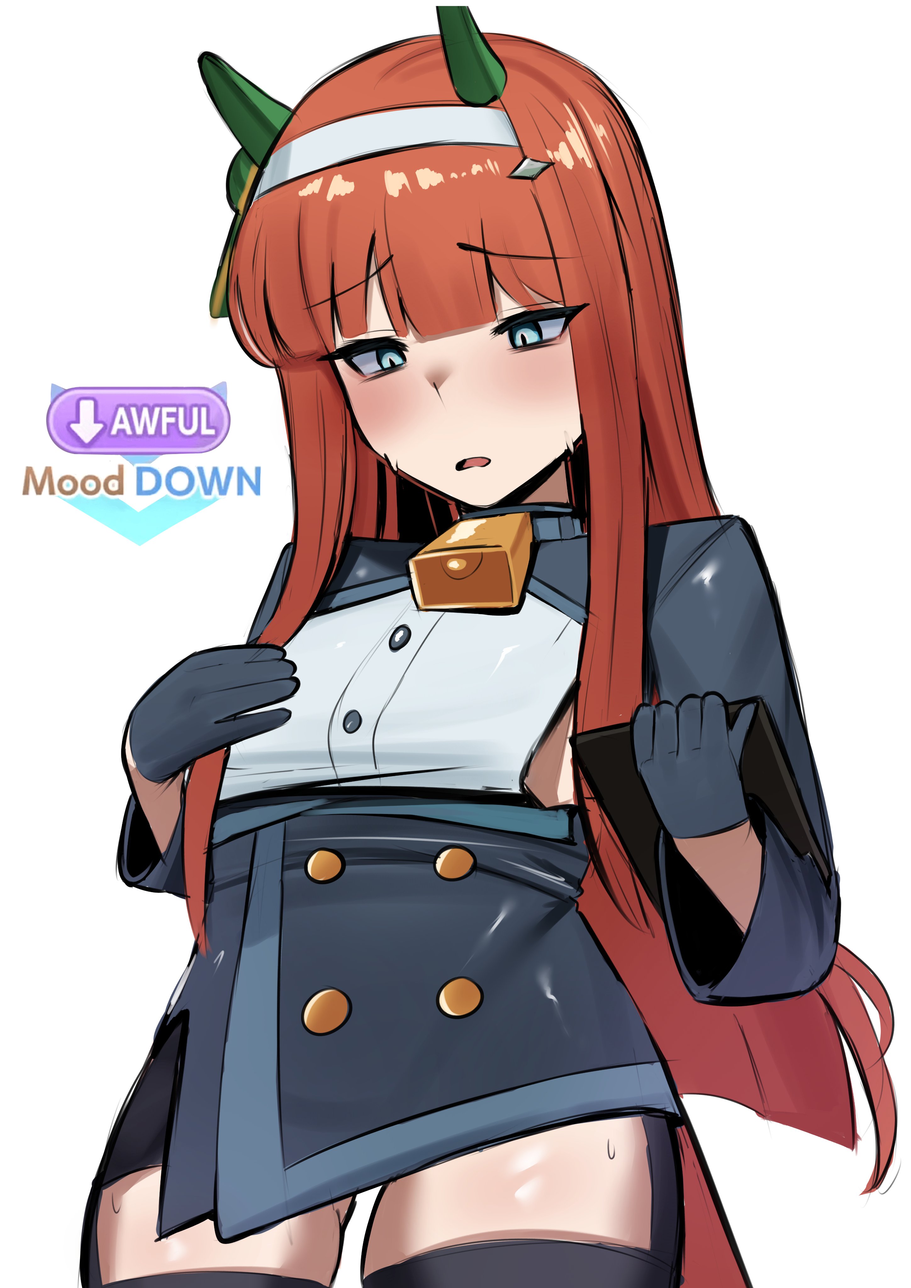iog626, kouno marika, ako (blue archive), silence suzuka (umamusume), blue archive, umamusume, absurdres, commentary, english commentary, highres, 1girl, ako (blue archive) (cosplay), alternate costume, animal ears, bell, black gloves, black thighhighs, blunt bangs, blunt ends, blush, breasts, buttons, clipboard, clothing cutout, cosplay, cowboy shot, ear covers, english text, flat chest, flat chest joke, gameplay mechanics, garter straps, gloves, green eyes, hair ornament, hairband, hairclip, half gloves, holding, holding clipboard, horse ears, horse girl, horse tail, long hair, long sleeves, looking down, neck bell, orange hair, parted lips, side cutout, sideboob, sidelocks, simple background, surprised, sweatdrop, tail, thighhighs, voice actor connection, white background