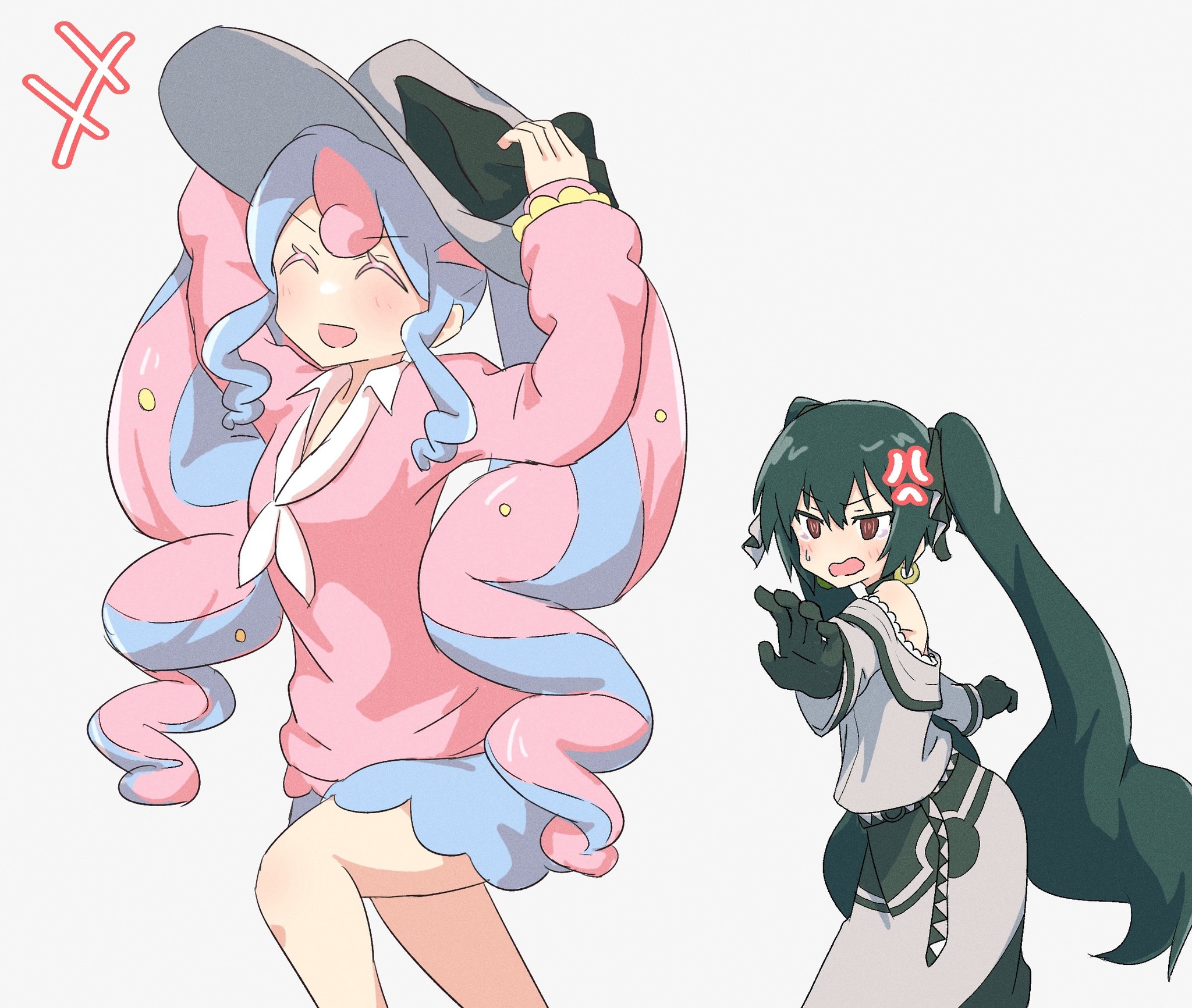 sagami sagari, dark miku (project voltage), fairy miku (project voltage), hatsune miku, nintendo, pokemon, project voltage, vocaloid, highres, +++, 2girls, anger vein, angry, blue hair, blue skirt, borrowed accessory, bow, brown eyes, closed eyes, collared shirt, dress, gloves, green hair, grey dress, grey hat, hat, hat bow, long sleeves, multicolored hair, multiple girls, open mouth, pink hair, pink sweater, shirt, simple background, skirt, sweatdrop, sweater, twintails, two-tone hair, white background, white shirt
