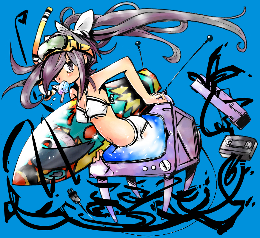 fujitama (pixiv33059), yamamura sadako, the ring, bad id, bad pixiv id, 1girl, bikini, diving mask, female focus, food, goggles, hair over one eye, long hair, mouth hold, popsicle, snorkel, solo, surfboard, swimsuit, television, through medium, through screen, videocassette, videocassette recorder