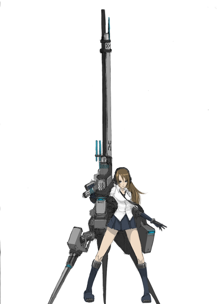 1girl, boots, brown hair, female focus, gloves, gun, huge weapon, long hair, necktie, pleated skirt, school uniform, serafuku, simple background, skirt, solo, weapon