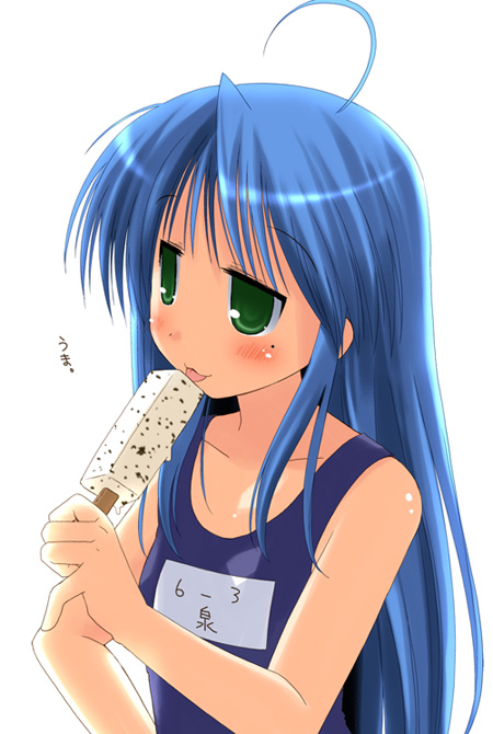 theta (ponkotsu works), izumi konata, lucky star, 00s, 1girl, blue hair, female focus, food, green eyes, long hair, mole, mole under eye, name tag, one-piece swimsuit, popsicle, school swimsuit, solo, swimsuit
