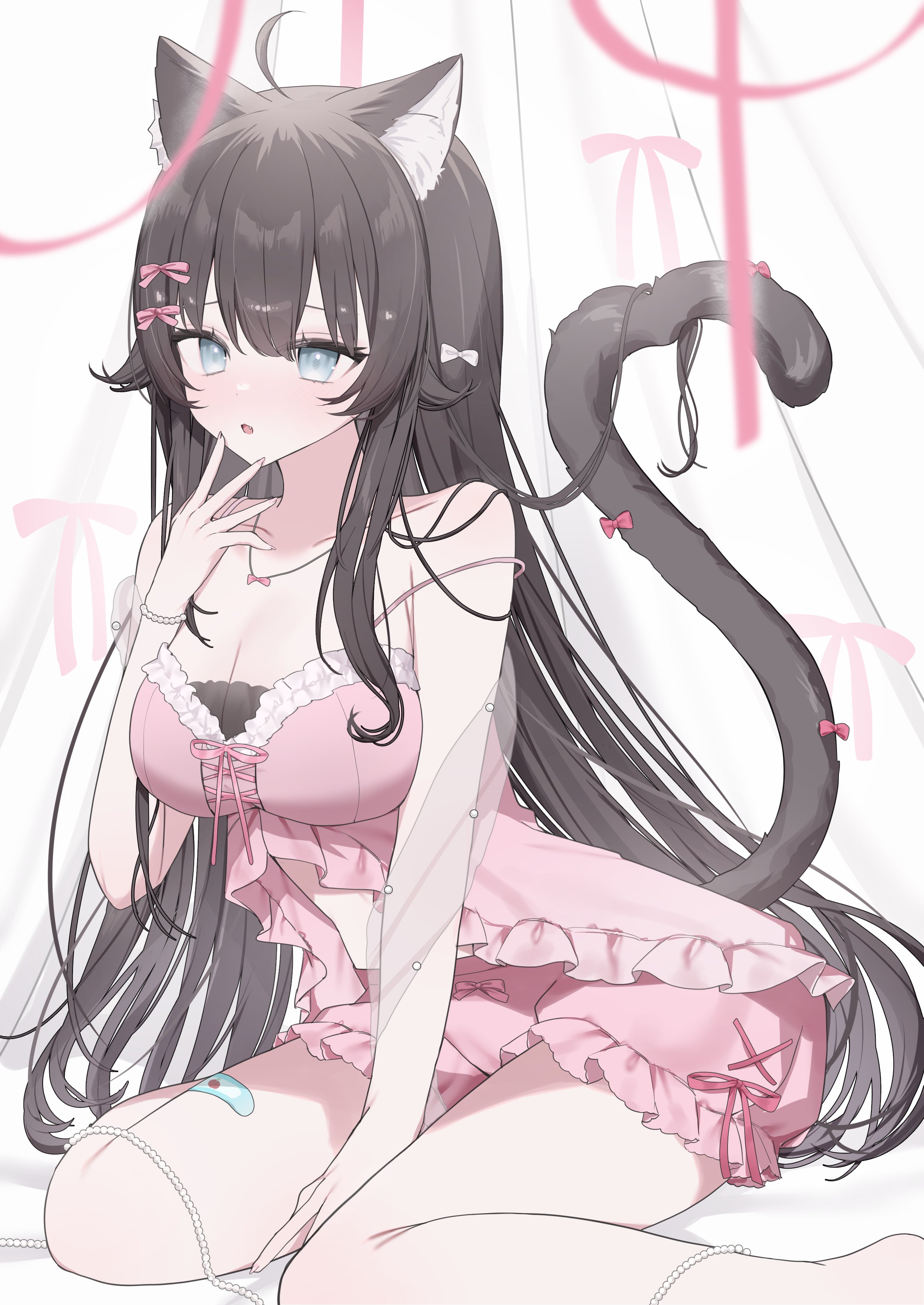 kohaku sogo, original, absurdres, highres, 1girl, animal ear fluff, animal ears, bandaid, bandaid on leg, bare shoulders, black hair, blue eyes, blush, bow, bracelet, breasts, cat ears, cat girl, cat tail, cleavage, collarbone, frills, hair bow, hair ornament, jewelry, large breasts, long hair, looking at viewer, necklace, parted lips, pearl necklace, pink bow, pink ribbon, pink shirt, pink shorts, ribbon, shirt, shorts, sleepwear, solo, tail, tail bow, tail ornament