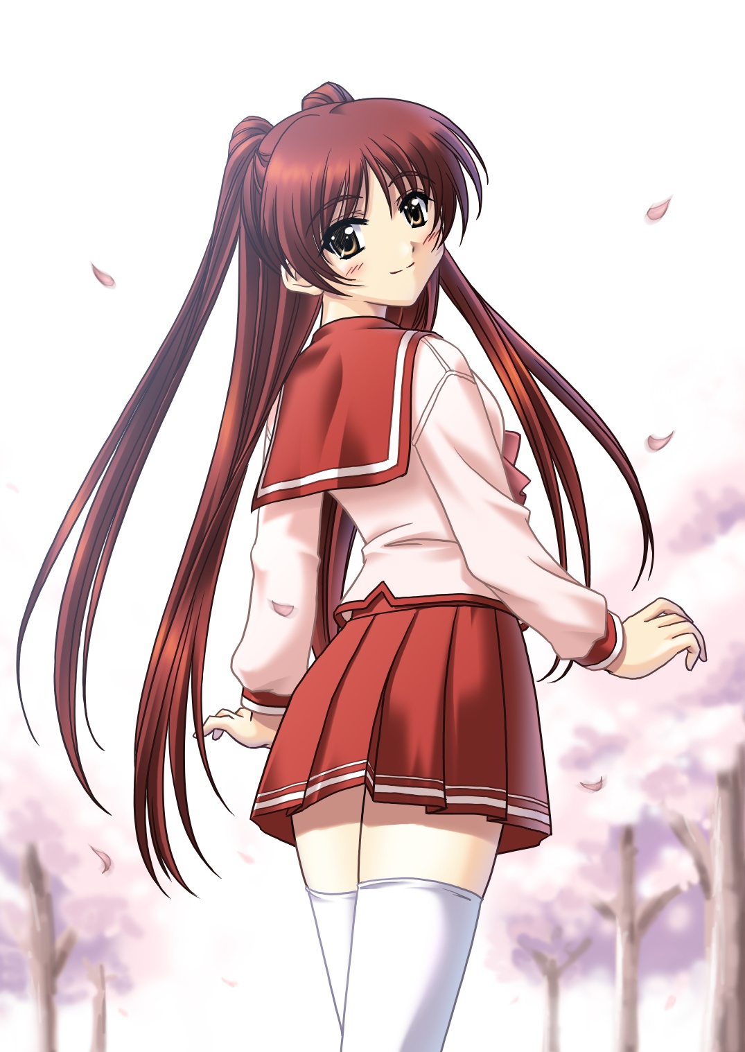kousaka tamaki, to heart (series), to heart 2, highres, 00s, brown eyes, long hair, red hair, school uniform, serafuku, solo, thighhighs, twintails
