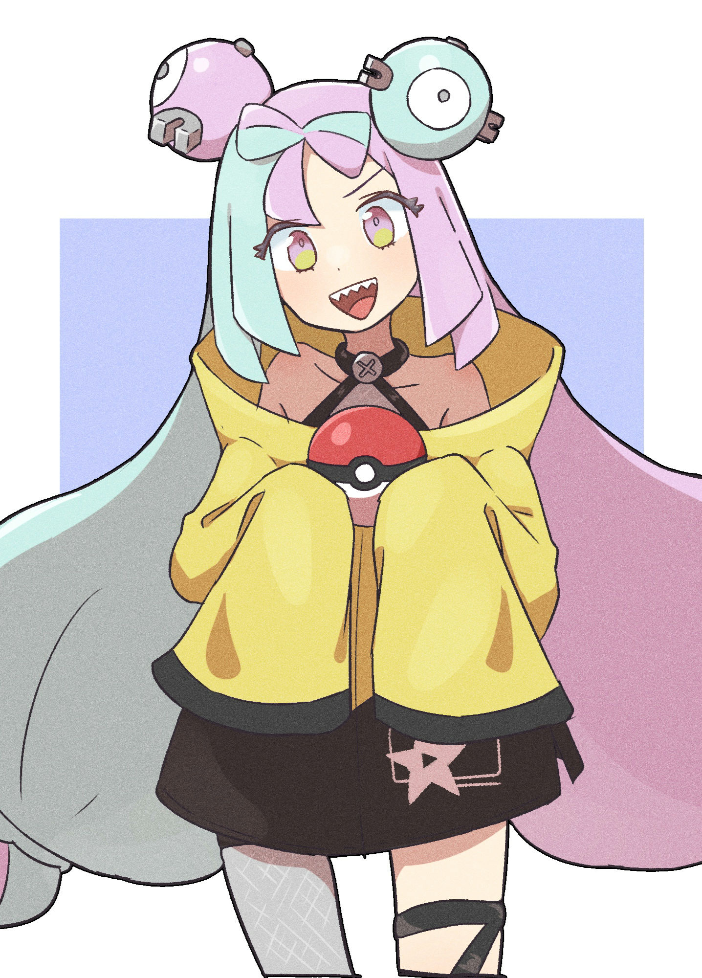 sagami sagari, iono (pokemon), nintendo, pokemon, pokemon sv, commentary request, highres, 1girl, :d, bow-shaped hair, character hair ornament, collarbone, cowboy shot, green hair, hair ornament, happy, jacket, long sleeves, multicolored hair, open mouth, shirt, single leg pantyhose, sleeveless, sleeveless shirt, sleeves past fingers, sleeves past wrists, smile, solo, star (symbol), star print, teeth, thigh strap, tongue, two-tone hair, upper teeth only, yellow jacket
