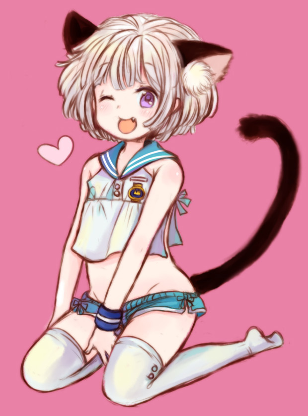 tomoya (artist), bad id, bad pixiv id, animal ears, blonde hair, cat ears, cat tail, fang, heart, midriff, one eye closed, purple eyes, school uniform, serafuku, solo, tail, thighhighs, wink